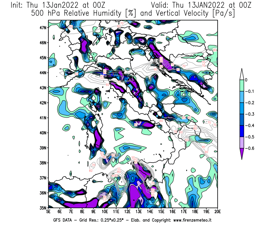 Mappa di analisi GFS - Umidità relativa [%] e Omega [Pa/s] a 500 hPa in Italia
							del 13/01/2022 00 <!--googleoff: index-->UTC<!--googleon: index-->