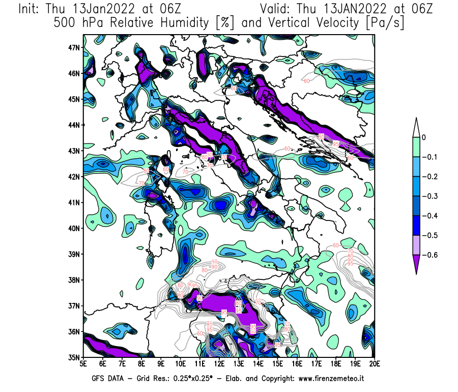 Mappa di analisi GFS - Umidità relativa [%] e Omega [Pa/s] a 500 hPa in Italia
							del 13/01/2022 06 <!--googleoff: index-->UTC<!--googleon: index-->