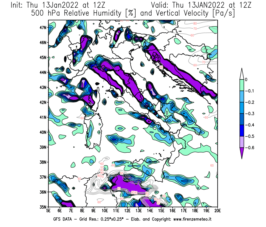 Mappa di analisi GFS - Umidità relativa [%] e Omega [Pa/s] a 500 hPa in Italia
							del 13/01/2022 12 <!--googleoff: index-->UTC<!--googleon: index-->