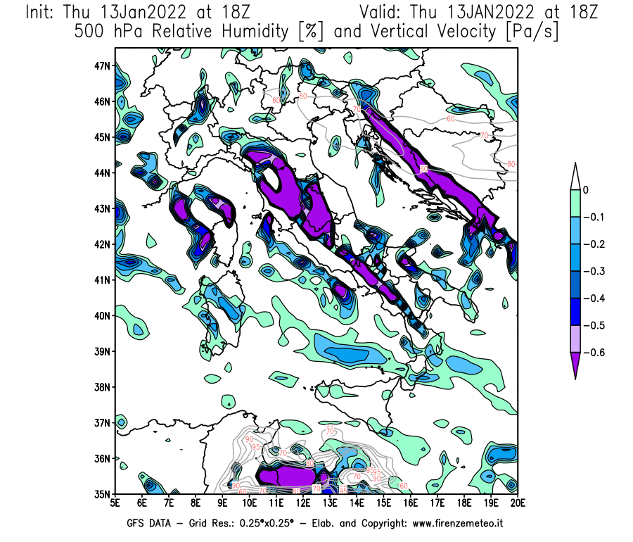Mappa di analisi GFS - Umidità relativa [%] e Omega [Pa/s] a 500 hPa in Italia
							del 13/01/2022 18 <!--googleoff: index-->UTC<!--googleon: index-->