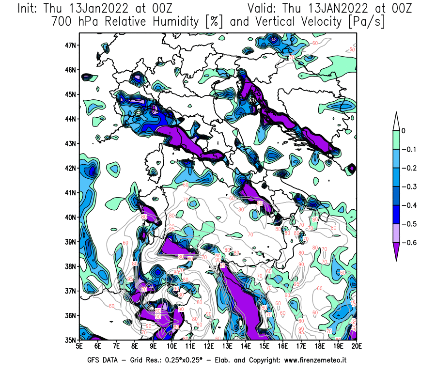 Mappa di analisi GFS - Umidità relativa [%] e Omega [Pa/s] a 700 hPa in Italia
							del 13/01/2022 00 <!--googleoff: index-->UTC<!--googleon: index-->