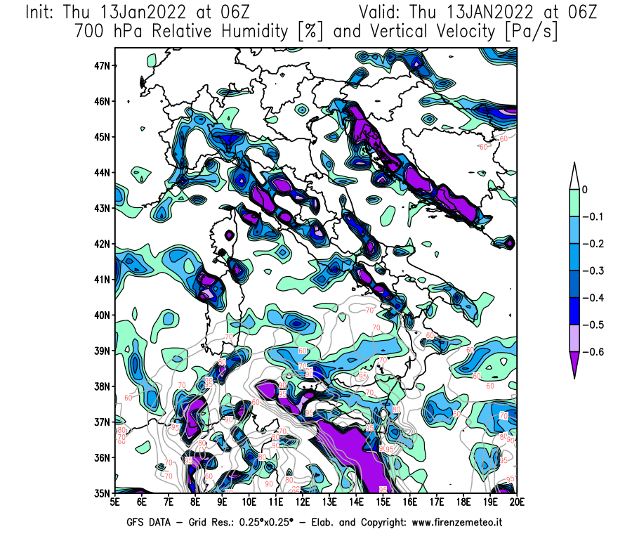 Mappa di analisi GFS - Umidità relativa [%] e Omega [Pa/s] a 700 hPa in Italia
							del 13/01/2022 06 <!--googleoff: index-->UTC<!--googleon: index-->