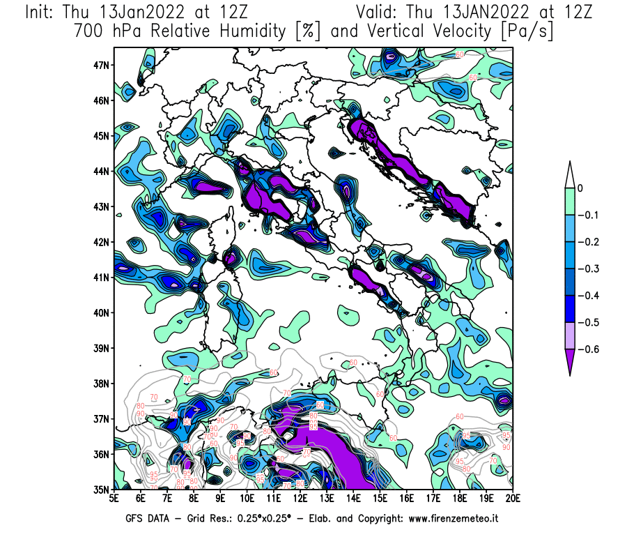 Mappa di analisi GFS - Umidità relativa [%] e Omega [Pa/s] a 700 hPa in Italia
							del 13/01/2022 12 <!--googleoff: index-->UTC<!--googleon: index-->