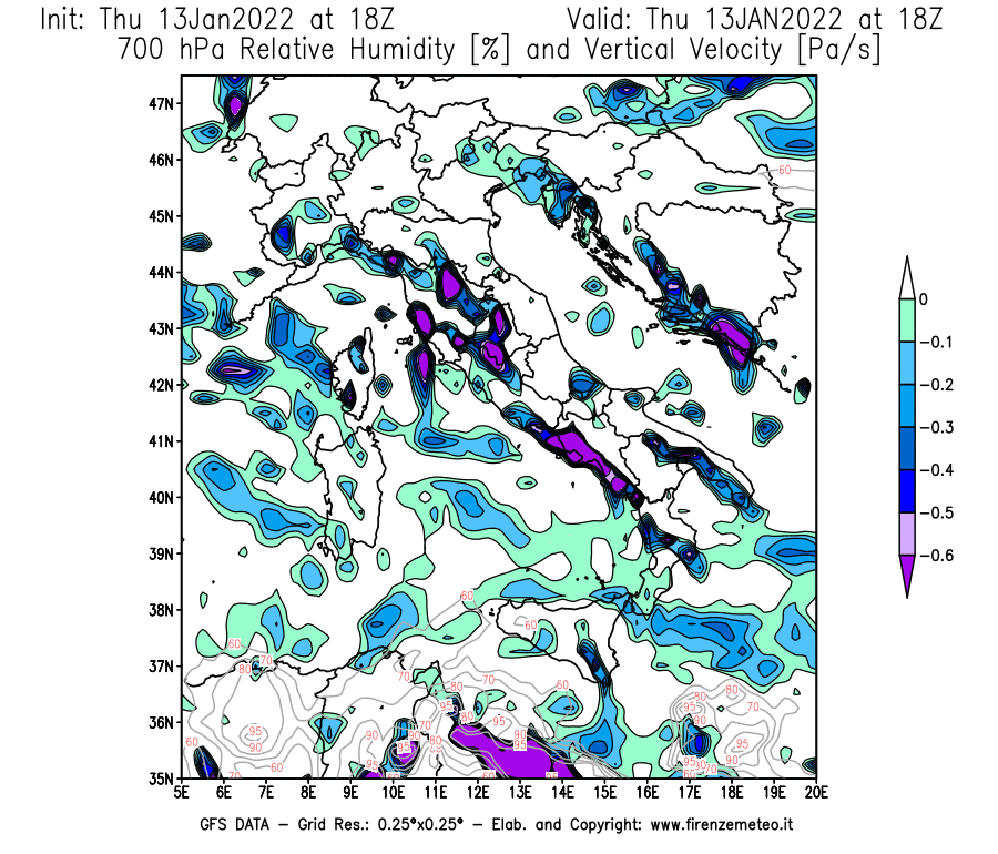 Mappa di analisi GFS - Umidità relativa [%] e Omega [Pa/s] a 700 hPa in Italia
							del 13/01/2022 18 <!--googleoff: index-->UTC<!--googleon: index-->