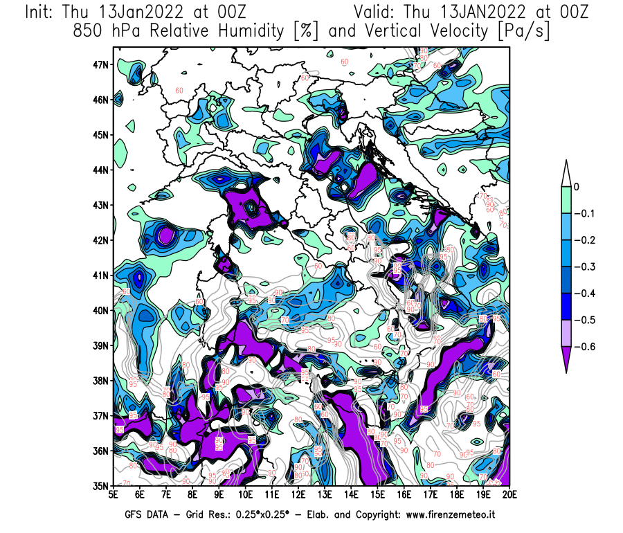 Mappa di analisi GFS - Umidità relativa [%] e Omega [Pa/s] a 850 hPa in Italia
							del 13/01/2022 00 <!--googleoff: index-->UTC<!--googleon: index-->