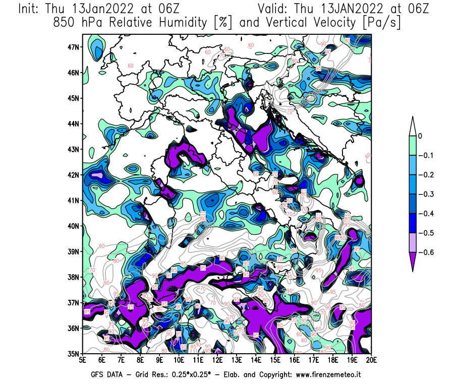 Mappa di analisi GFS - Umidità relativa [%] e Omega [Pa/s] a 850 hPa in Italia
							del 13/01/2022 06 <!--googleoff: index-->UTC<!--googleon: index-->