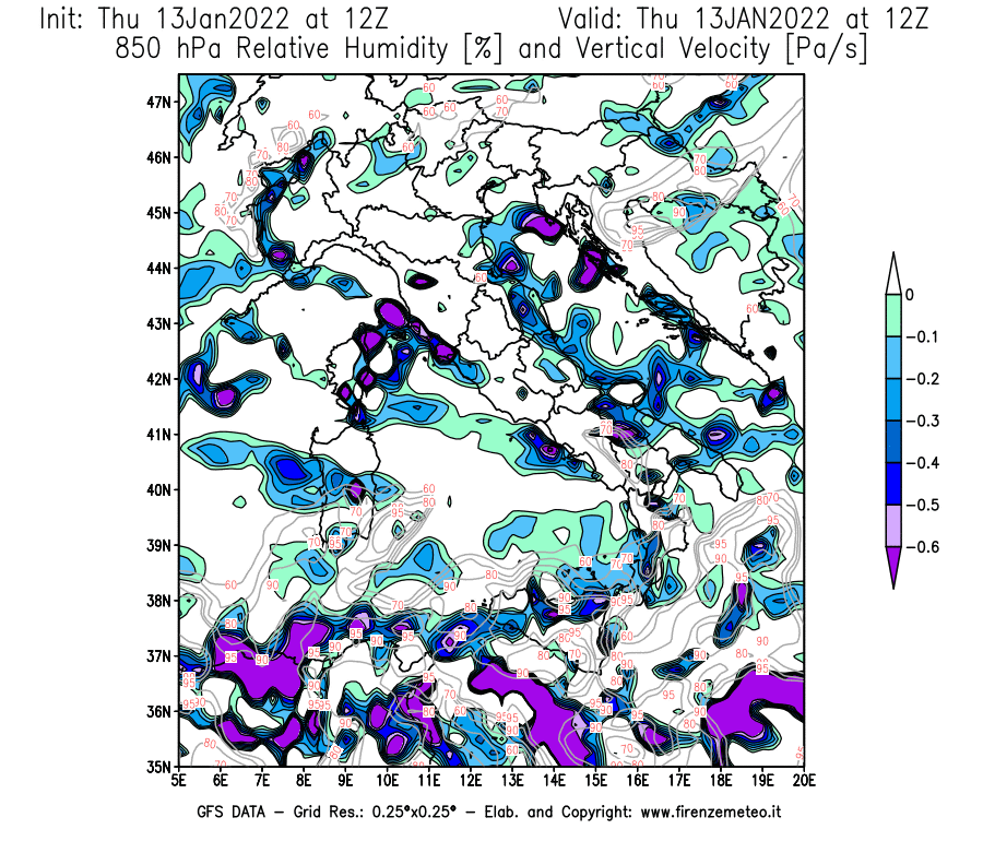Mappa di analisi GFS - Umidità relativa [%] e Omega [Pa/s] a 850 hPa in Italia
							del 13/01/2022 12 <!--googleoff: index-->UTC<!--googleon: index-->