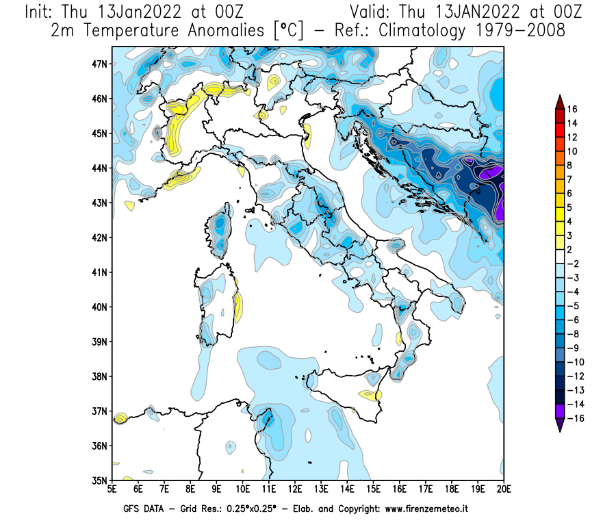Mappa di analisi GFS - Anomalia Temperatura [°C] a 2 m in Italia
							del 13/01/2022 00 <!--googleoff: index-->UTC<!--googleon: index-->
