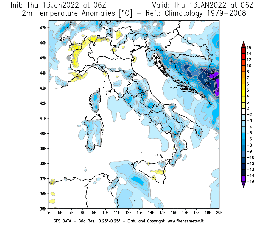 Mappa di analisi GFS - Anomalia Temperatura [°C] a 2 m in Italia
							del 13/01/2022 06 <!--googleoff: index-->UTC<!--googleon: index-->