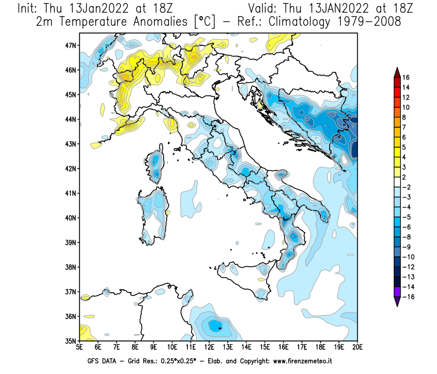 Mappa di analisi GFS - Anomalia Temperatura [°C] a 2 m in Italia
							del 13/01/2022 18 <!--googleoff: index-->UTC<!--googleon: index-->