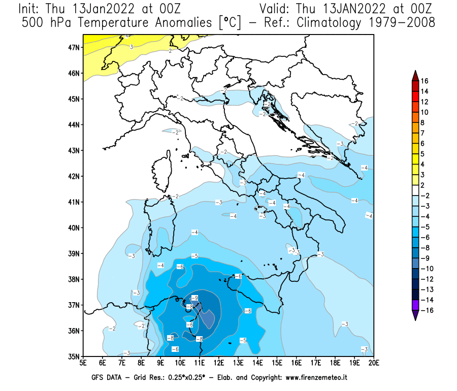 Mappa di analisi GFS - Anomalia Temperatura [°C] a 500 hPa in Italia
							del 13/01/2022 00 <!--googleoff: index-->UTC<!--googleon: index-->