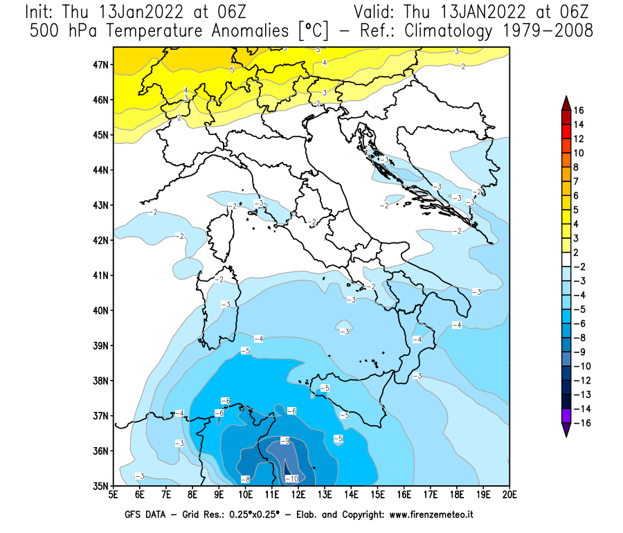 Mappa di analisi GFS - Anomalia Temperatura [°C] a 500 hPa in Italia
							del 13/01/2022 06 <!--googleoff: index-->UTC<!--googleon: index-->