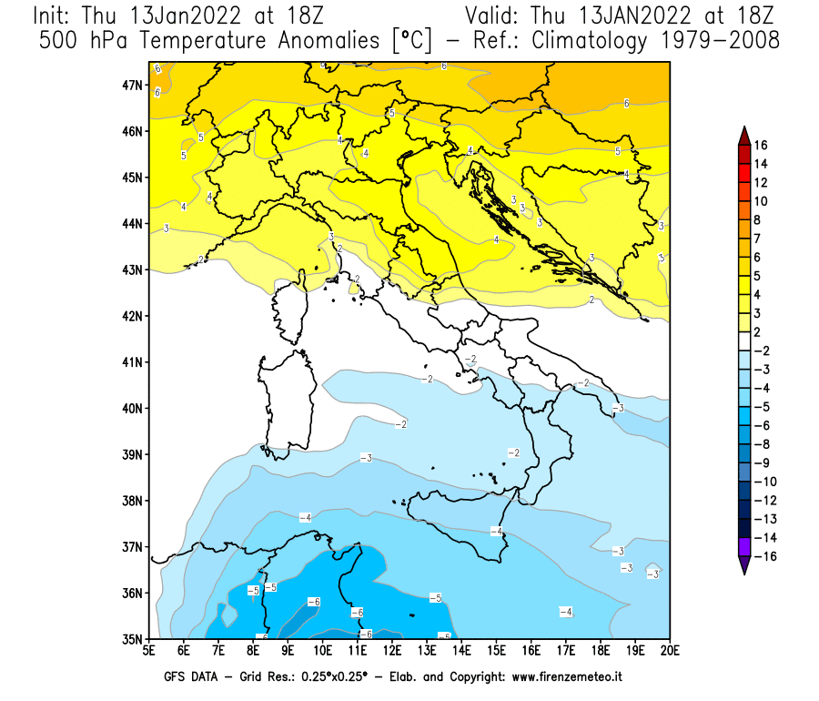 Mappa di analisi GFS - Anomalia Temperatura [°C] a 500 hPa in Italia
							del 13/01/2022 18 <!--googleoff: index-->UTC<!--googleon: index-->