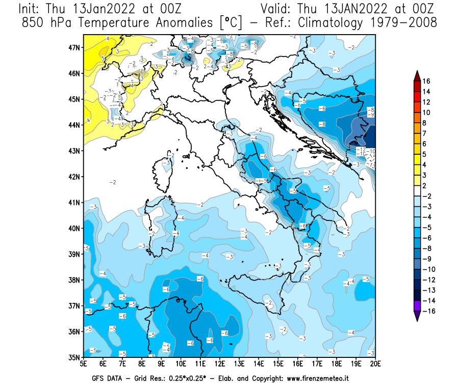 Mappa di analisi GFS - Anomalia Temperatura [°C] a 850 hPa in Italia
							del 13/01/2022 00 <!--googleoff: index-->UTC<!--googleon: index-->