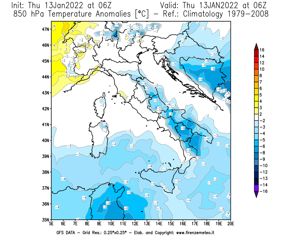 Mappa di analisi GFS - Anomalia Temperatura [°C] a 850 hPa in Italia
							del 13/01/2022 06 <!--googleoff: index-->UTC<!--googleon: index-->