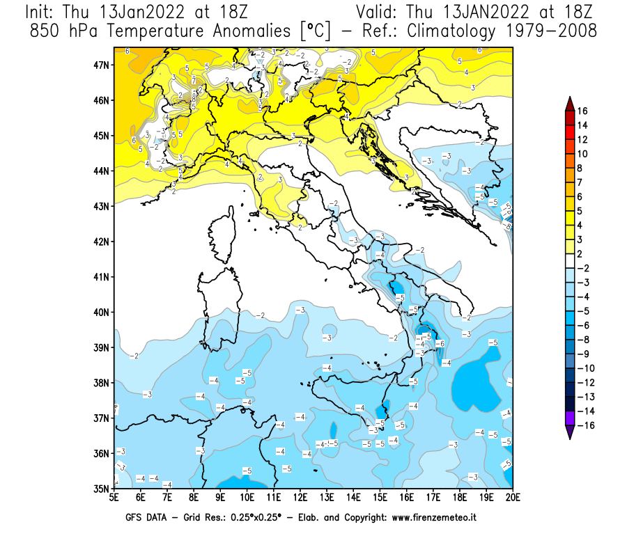 Mappa di analisi GFS - Anomalia Temperatura [°C] a 850 hPa in Italia
							del 13/01/2022 18 <!--googleoff: index-->UTC<!--googleon: index-->