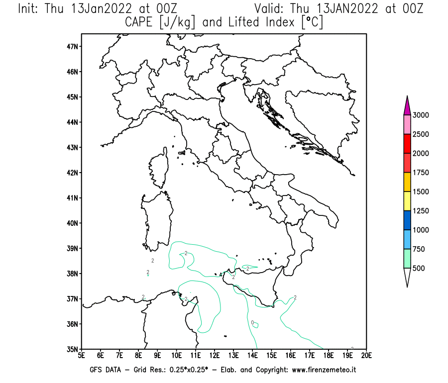 Mappa di analisi GFS - CAPE [J/kg] e Lifted Index [°C] in Italia
							del 13/01/2022 00 <!--googleoff: index-->UTC<!--googleon: index-->