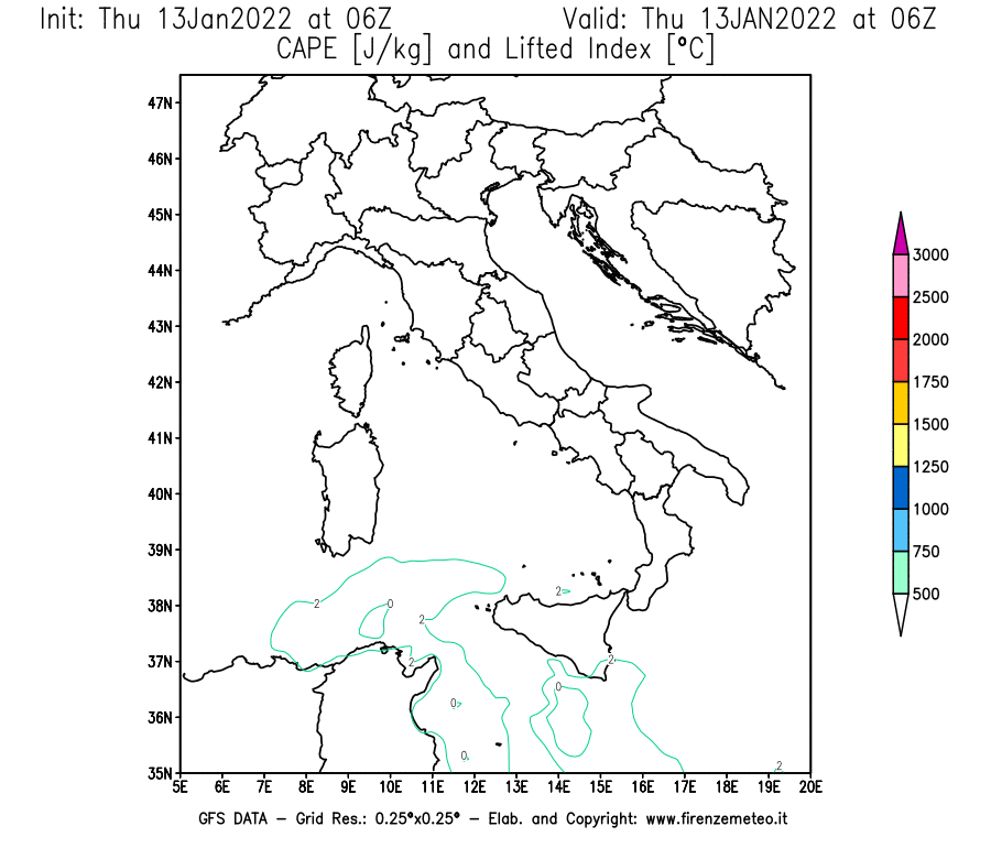 Mappa di analisi GFS - CAPE [J/kg] e Lifted Index [°C] in Italia
							del 13/01/2022 06 <!--googleoff: index-->UTC<!--googleon: index-->