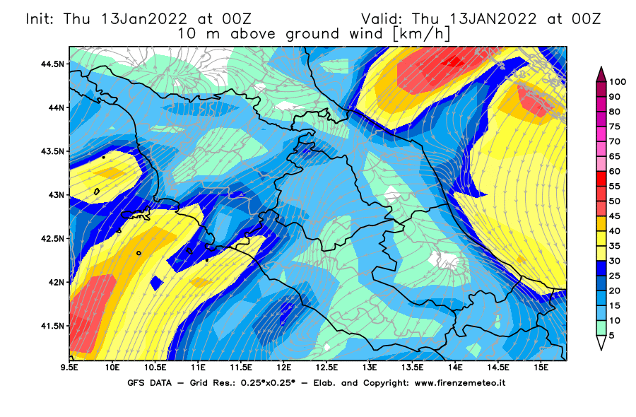 Mappa di analisi GFS - Velocità del vento a 10 metri dal suolo [km/h] in Centro-Italia
							del 13/01/2022 00 <!--googleoff: index-->UTC<!--googleon: index-->