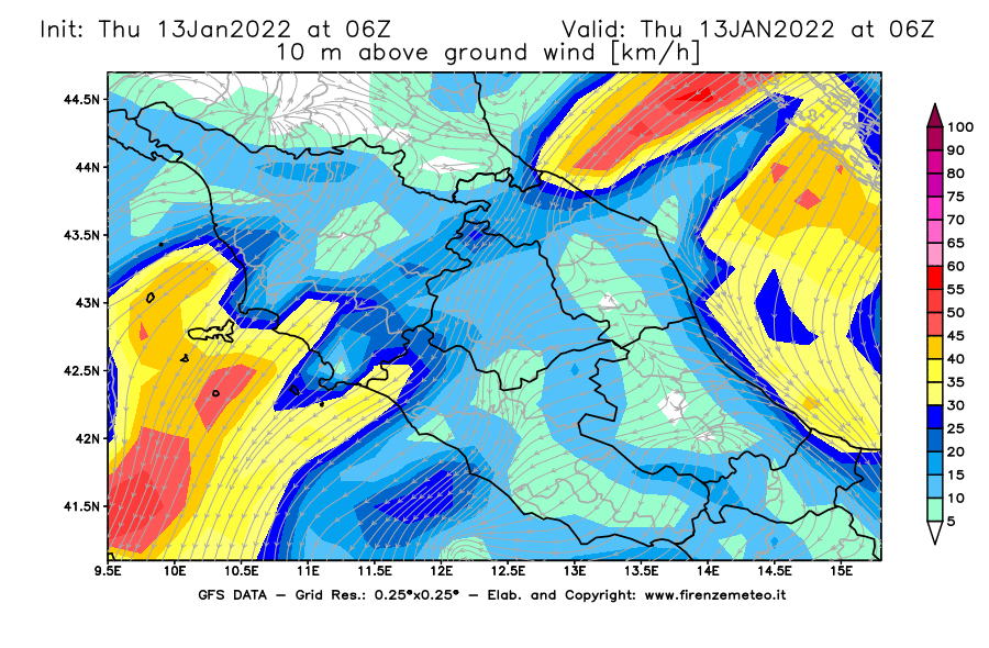Mappa di analisi GFS - Velocità del vento a 10 metri dal suolo [km/h] in Centro-Italia
							del 13/01/2022 06 <!--googleoff: index-->UTC<!--googleon: index-->