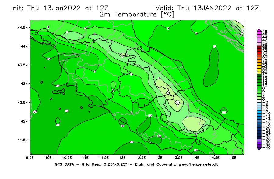Mappa di analisi GFS - Temperatura a 2 metri dal suolo [°C] in Centro-Italia
							del 13/01/2022 12 <!--googleoff: index-->UTC<!--googleon: index-->