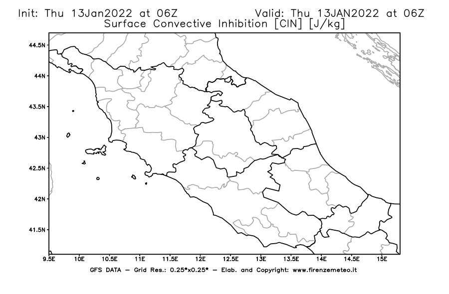 Mappa di analisi GFS - CIN [J/kg] in Centro-Italia
							del 13/01/2022 06 <!--googleoff: index-->UTC<!--googleon: index-->