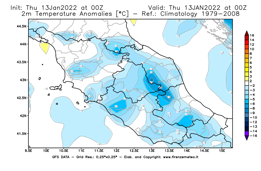 Mappa di analisi GFS - Anomalia Temperatura [°C] a 2 m in Centro-Italia
							del 13/01/2022 00 <!--googleoff: index-->UTC<!--googleon: index-->