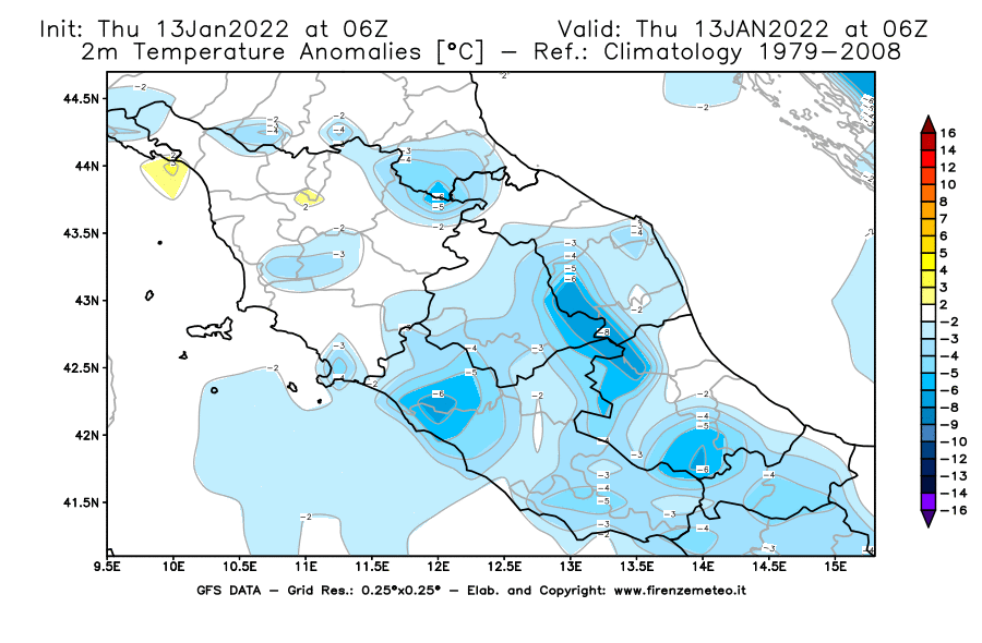 Mappa di analisi GFS - Anomalia Temperatura [°C] a 2 m in Centro-Italia
							del 13/01/2022 06 <!--googleoff: index-->UTC<!--googleon: index-->
