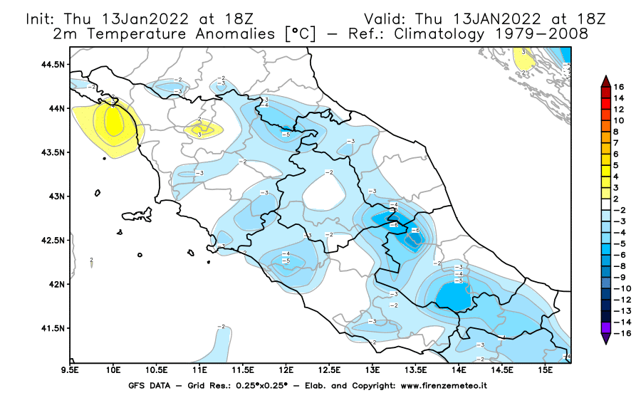 Mappa di analisi GFS - Anomalia Temperatura [°C] a 2 m in Centro-Italia
							del 13/01/2022 18 <!--googleoff: index-->UTC<!--googleon: index-->