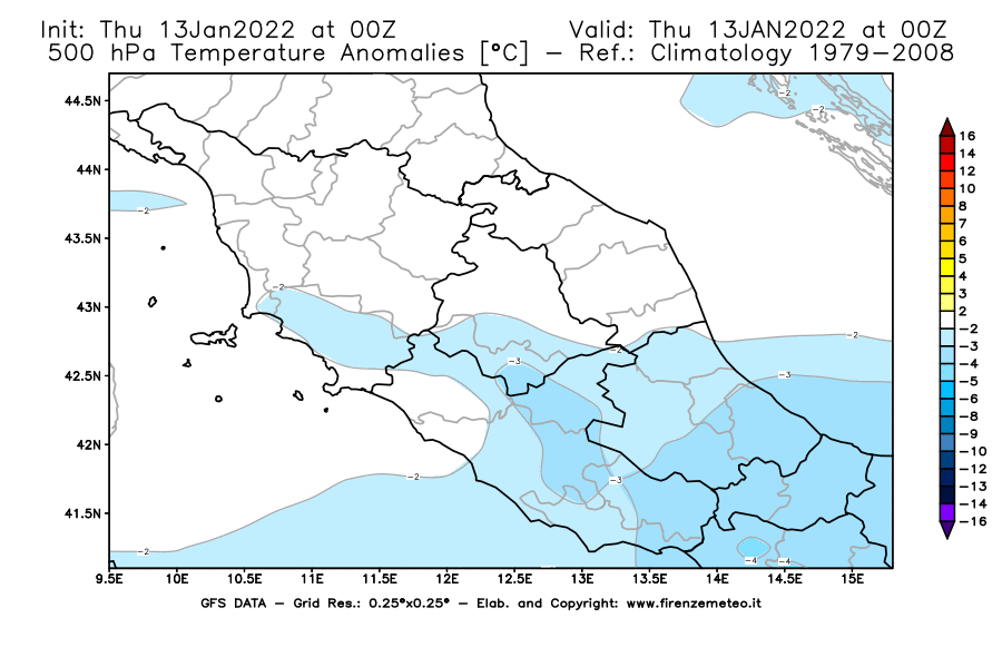 Mappa di analisi GFS - Anomalia Temperatura [°C] a 500 hPa in Centro-Italia
							del 13/01/2022 00 <!--googleoff: index-->UTC<!--googleon: index-->