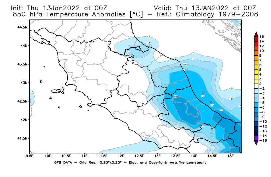 Mappa di analisi GFS - Anomalia Temperatura [°C] a 850 hPa in Centro-Italia
							del 13/01/2022 00 <!--googleoff: index-->UTC<!--googleon: index-->