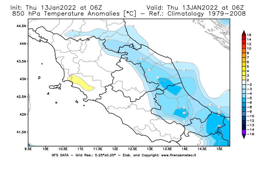 Mappa di analisi GFS - Anomalia Temperatura [°C] a 850 hPa in Centro-Italia
							del 13/01/2022 06 <!--googleoff: index-->UTC<!--googleon: index-->