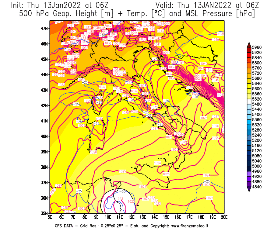 Mappa di analisi GFS - Geopotenziale [m] + Temp. [°C] a 500 hPa + Press. a livello del mare [hPa] in Italia
							del 13/01/2022 06 <!--googleoff: index-->UTC<!--googleon: index-->