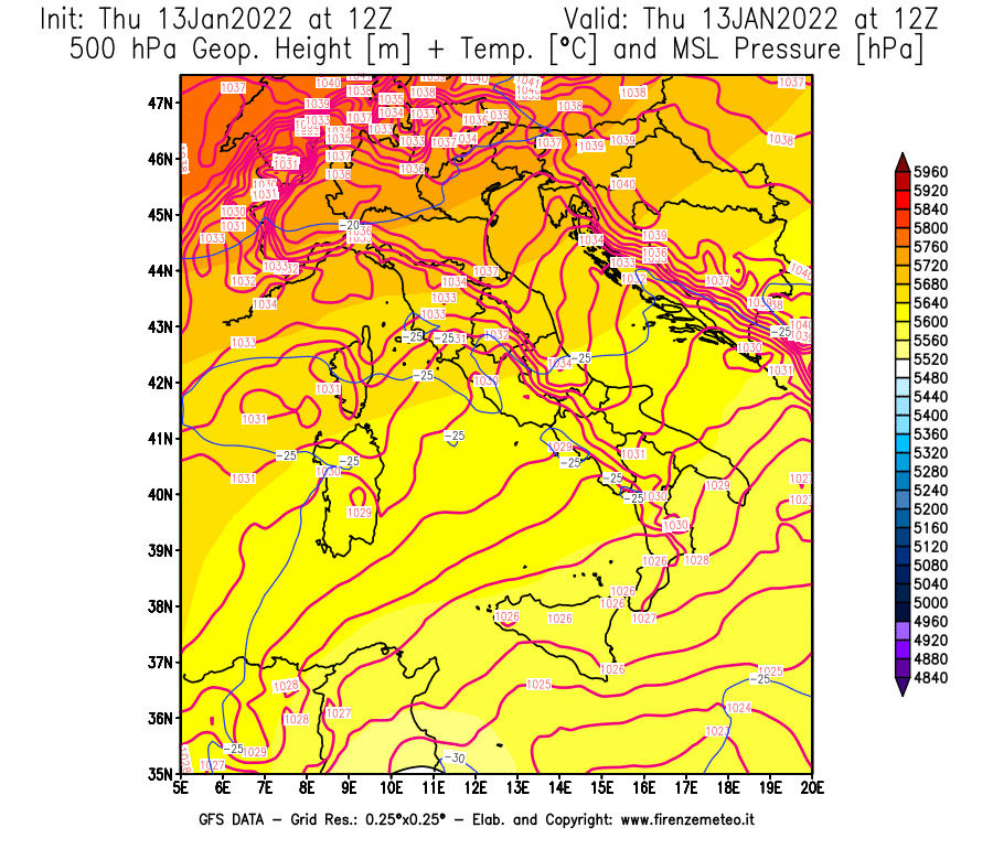 Mappa di analisi GFS - Geopotenziale [m] + Temp. [°C] a 500 hPa + Press. a livello del mare [hPa] in Italia
							del 13/01/2022 12 <!--googleoff: index-->UTC<!--googleon: index-->
