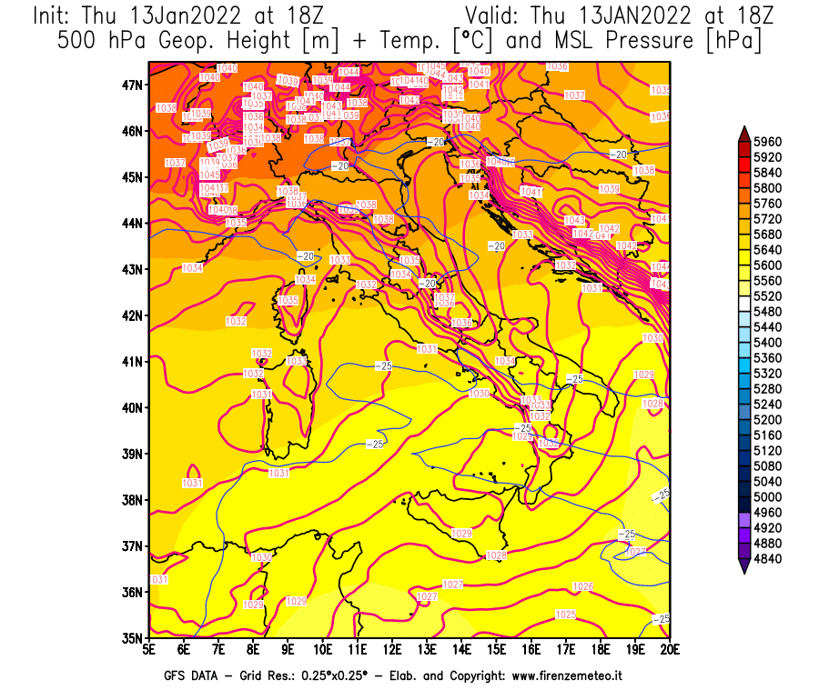 Mappa di analisi GFS - Geopotenziale [m] + Temp. [°C] a 500 hPa + Press. a livello del mare [hPa] in Italia
							del 13/01/2022 18 <!--googleoff: index-->UTC<!--googleon: index-->