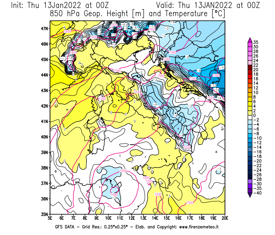 Mappa di analisi GFS - Geopotenziale [m] e Temperatura [°C] a 850 hPa in Italia
							del 13/01/2022 00 <!--googleoff: index-->UTC<!--googleon: index-->