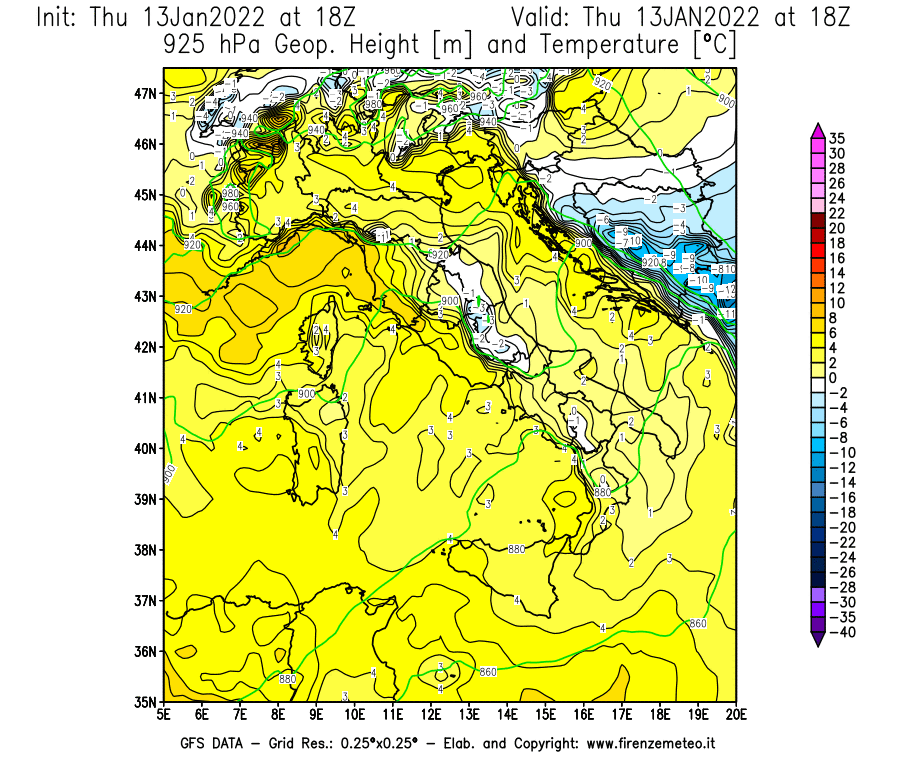 Mappa di analisi GFS - Geopotenziale [m] e Temperatura [°C] a 925 hPa in Italia
							del 13/01/2022 18 <!--googleoff: index-->UTC<!--googleon: index-->