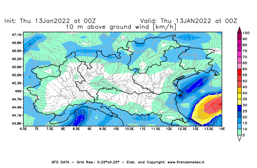 Mappa di analisi GFS - Velocità del vento a 10 metri dal suolo [km/h] in Nord-Italia
							del 13/01/2022 00 <!--googleoff: index-->UTC<!--googleon: index-->