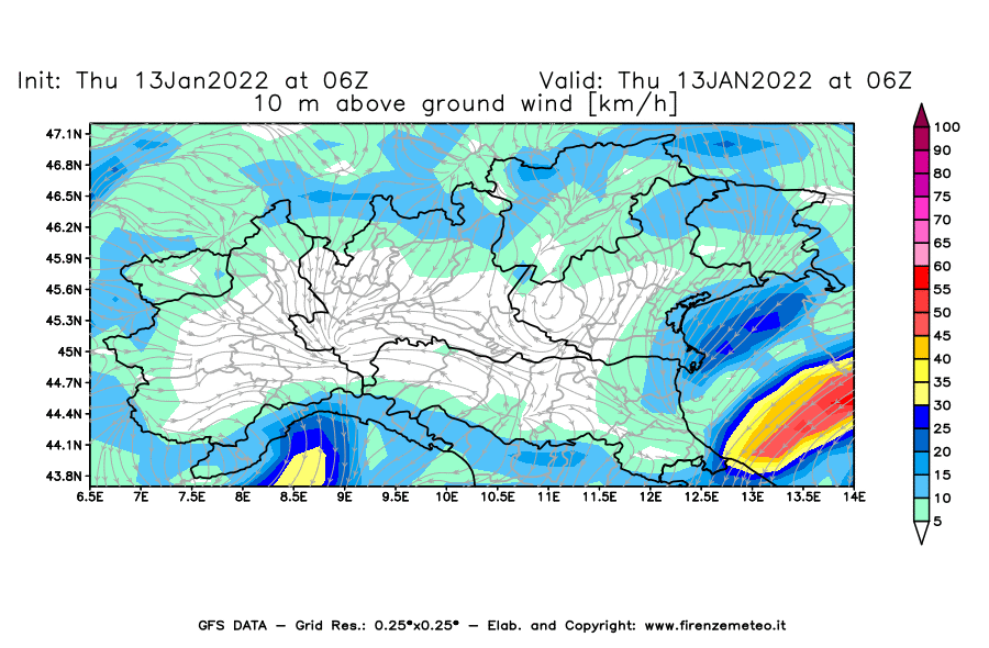 Mappa di analisi GFS - Velocità del vento a 10 metri dal suolo [km/h] in Nord-Italia
							del 13/01/2022 06 <!--googleoff: index-->UTC<!--googleon: index-->
