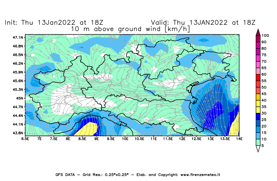 Mappa di analisi GFS - Velocità del vento a 10 metri dal suolo [km/h] in Nord-Italia
							del 13/01/2022 18 <!--googleoff: index-->UTC<!--googleon: index-->