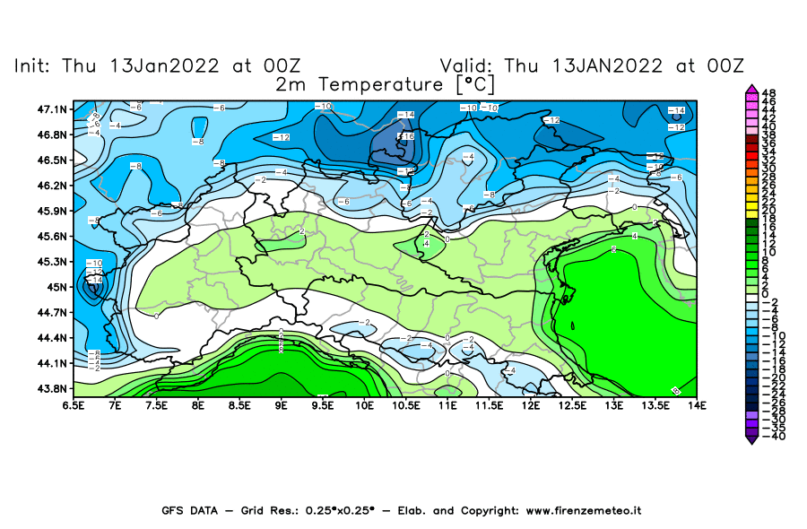 Mappa di analisi GFS - Temperatura a 2 metri dal suolo [°C] in Nord-Italia
							del 13/01/2022 00 <!--googleoff: index-->UTC<!--googleon: index-->