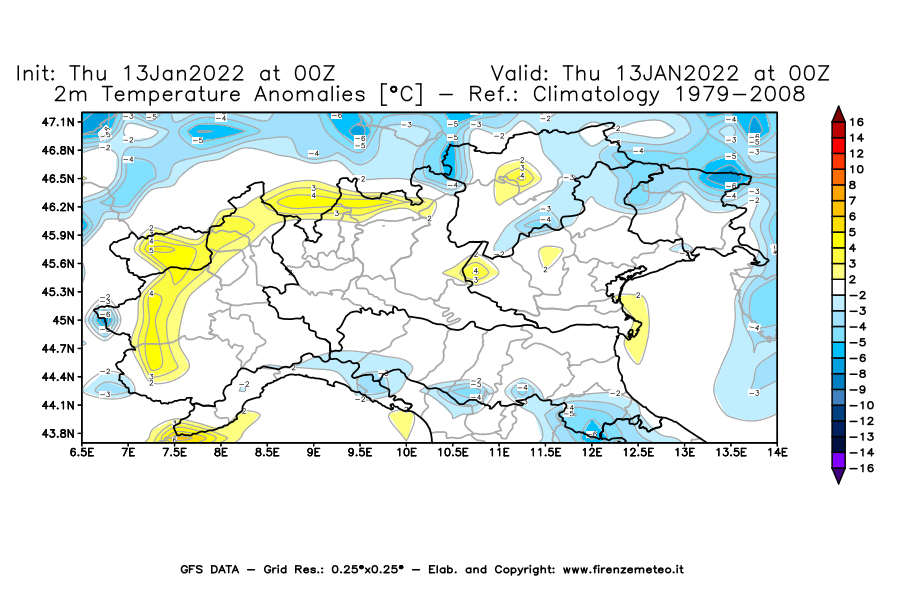 Mappa di analisi GFS - Anomalia Temperatura [°C] a 2 m in Nord-Italia
							del 13/01/2022 00 <!--googleoff: index-->UTC<!--googleon: index-->