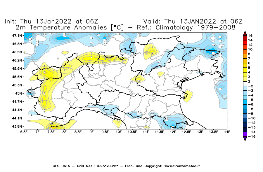 Mappa di analisi GFS - Anomalia Temperatura [°C] a 2 m in Nord-Italia
							del 13/01/2022 06 <!--googleoff: index-->UTC<!--googleon: index-->