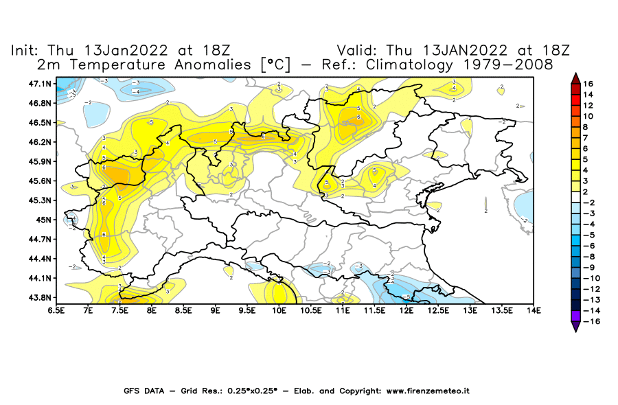 Mappa di analisi GFS - Anomalia Temperatura [°C] a 2 m in Nord-Italia
							del 13/01/2022 18 <!--googleoff: index-->UTC<!--googleon: index-->
