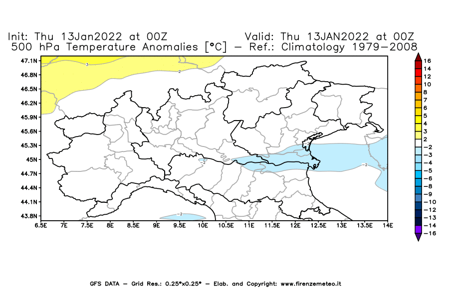 Mappa di analisi GFS - Anomalia Temperatura [°C] a 500 hPa in Nord-Italia
							del 13/01/2022 00 <!--googleoff: index-->UTC<!--googleon: index-->