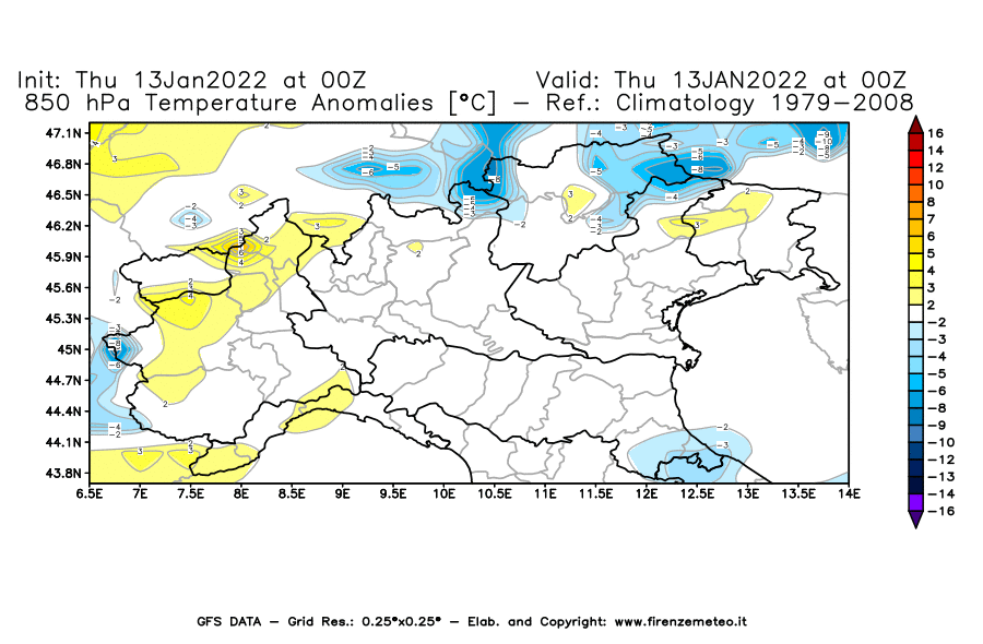 Mappa di analisi GFS - Anomalia Temperatura [°C] a 850 hPa in Nord-Italia
							del 13/01/2022 00 <!--googleoff: index-->UTC<!--googleon: index-->