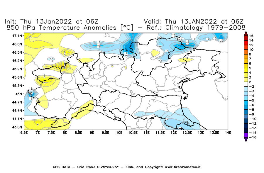 Mappa di analisi GFS - Anomalia Temperatura [°C] a 850 hPa in Nord-Italia
							del 13/01/2022 06 <!--googleoff: index-->UTC<!--googleon: index-->