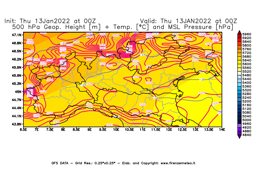 Mappa di analisi GFS - Geopotenziale [m] + Temp. [°C] a 500 hPa + Press. a livello del mare [hPa] in Nord-Italia
							del 13/01/2022 00 <!--googleoff: index-->UTC<!--googleon: index-->