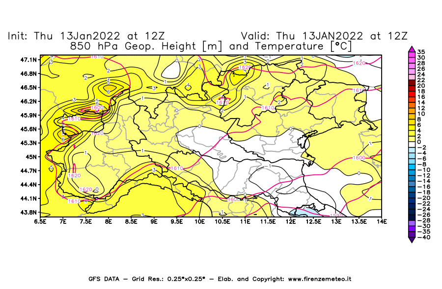 Mappa di analisi GFS - Geopotenziale [m] e Temperatura [°C] a 850 hPa in Nord-Italia
							del 13/01/2022 12 <!--googleoff: index-->UTC<!--googleon: index-->