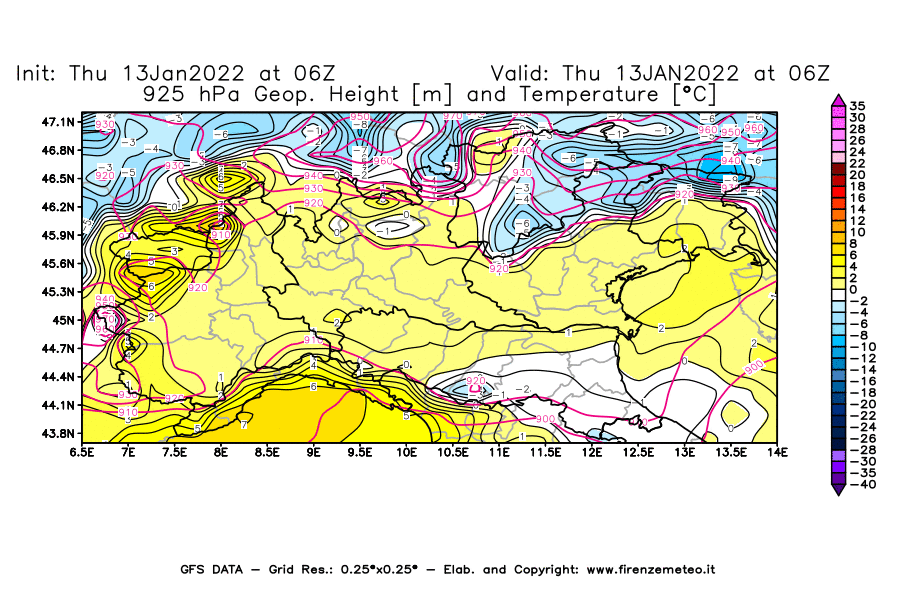 Mappa di analisi GFS - Geopotenziale [m] e Temperatura [°C] a 925 hPa in Nord-Italia
							del 13/01/2022 06 <!--googleoff: index-->UTC<!--googleon: index-->